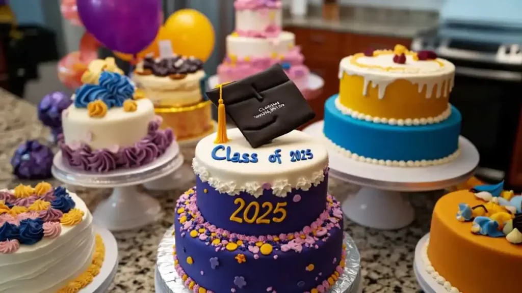 chocolate graduation cakes with “Class of 2025” written in gold icing.