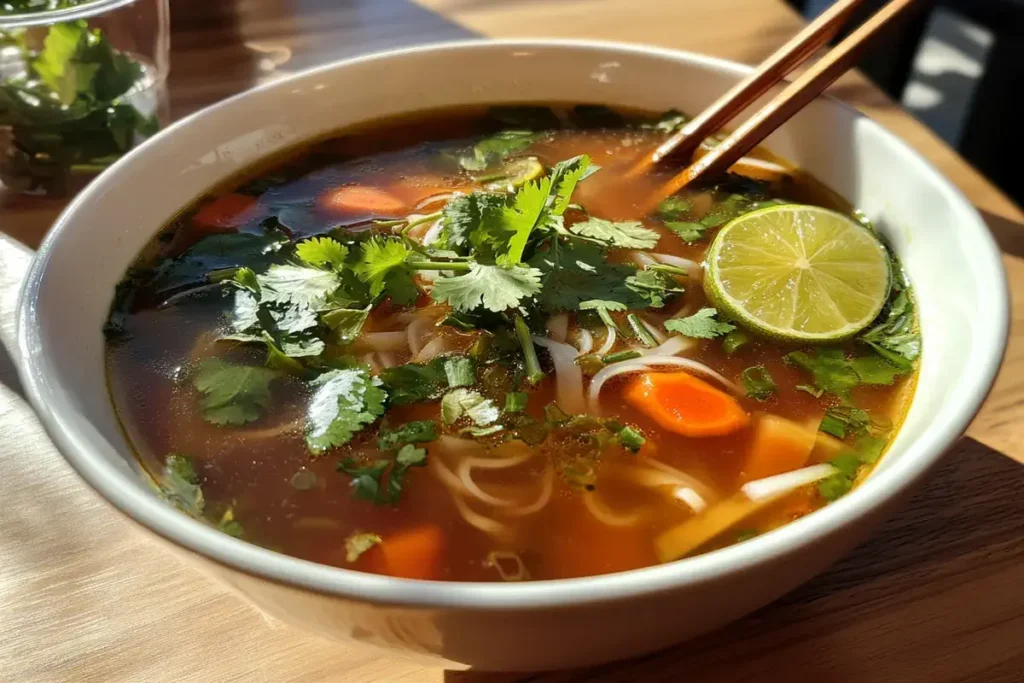 Pho soup with beef slices and noodles