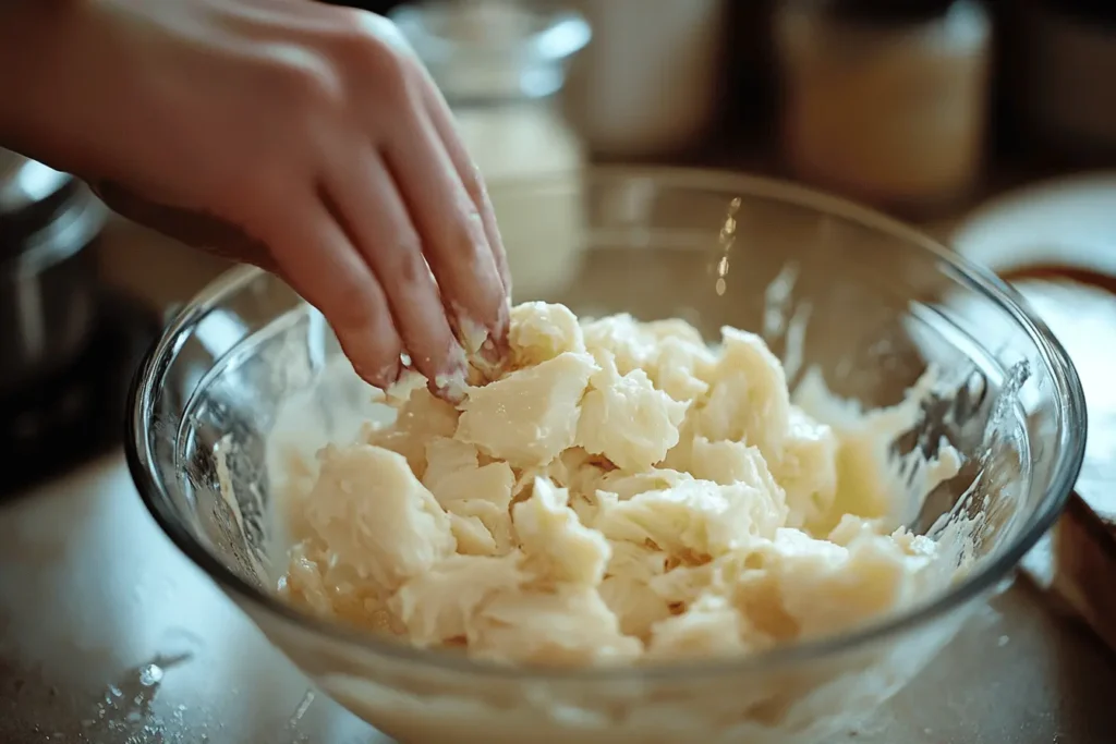 Chef tempering egg yolks with warm cream in a bowl, preparing a custard base for crab brulee.