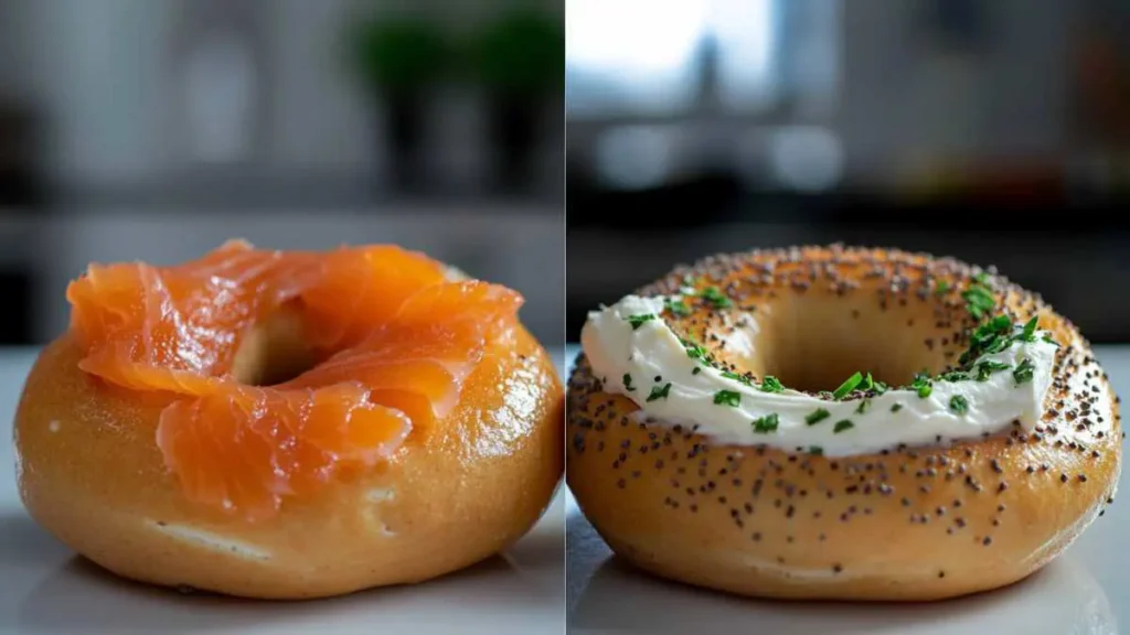  A cozy breakfast table featuring sourdough and plain bagels with toppings, served alongside coffee and fresh fruits.