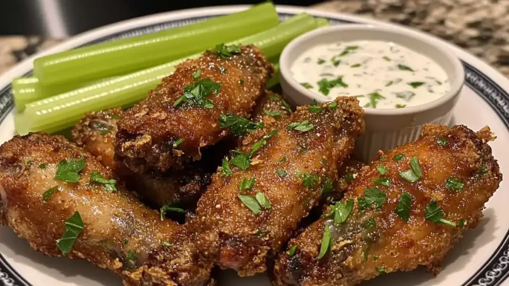 Crispy Buffalo Wild Wings Garlic Parmesan Chicken Wings with a creamy garlic parmesan sauce