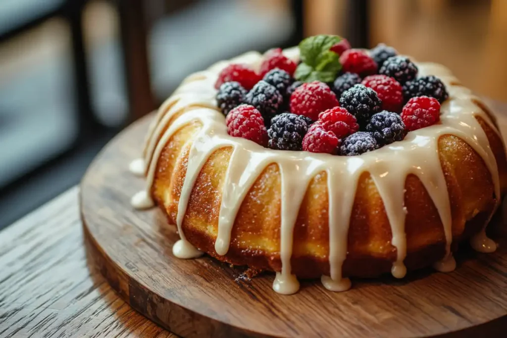 Bundt cake with powdered sugar on a white plate