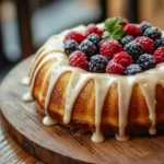 Bundt cake with powdered sugar on a white plate