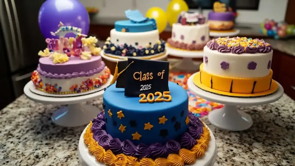 cake with edible gold accents and a “Graduate 2025” topper