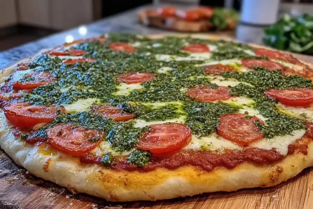 Close-up of chimichurri sauce drizzled over pizza