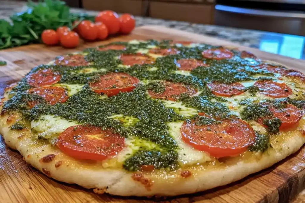 A wooden table with a full chimichurri tomato pizza and fresh ingredients