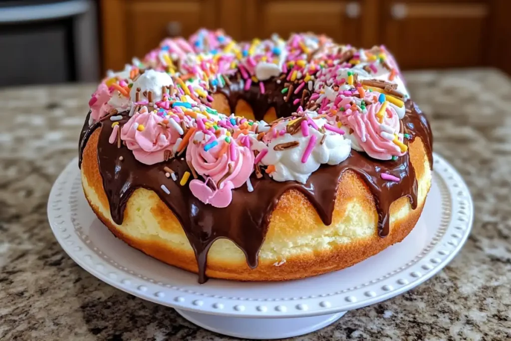 A donut cake with chocolate frosting and fresh strawberries on top