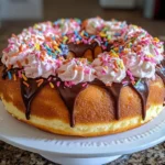 A close-up view of layered donuts turned into a cake.