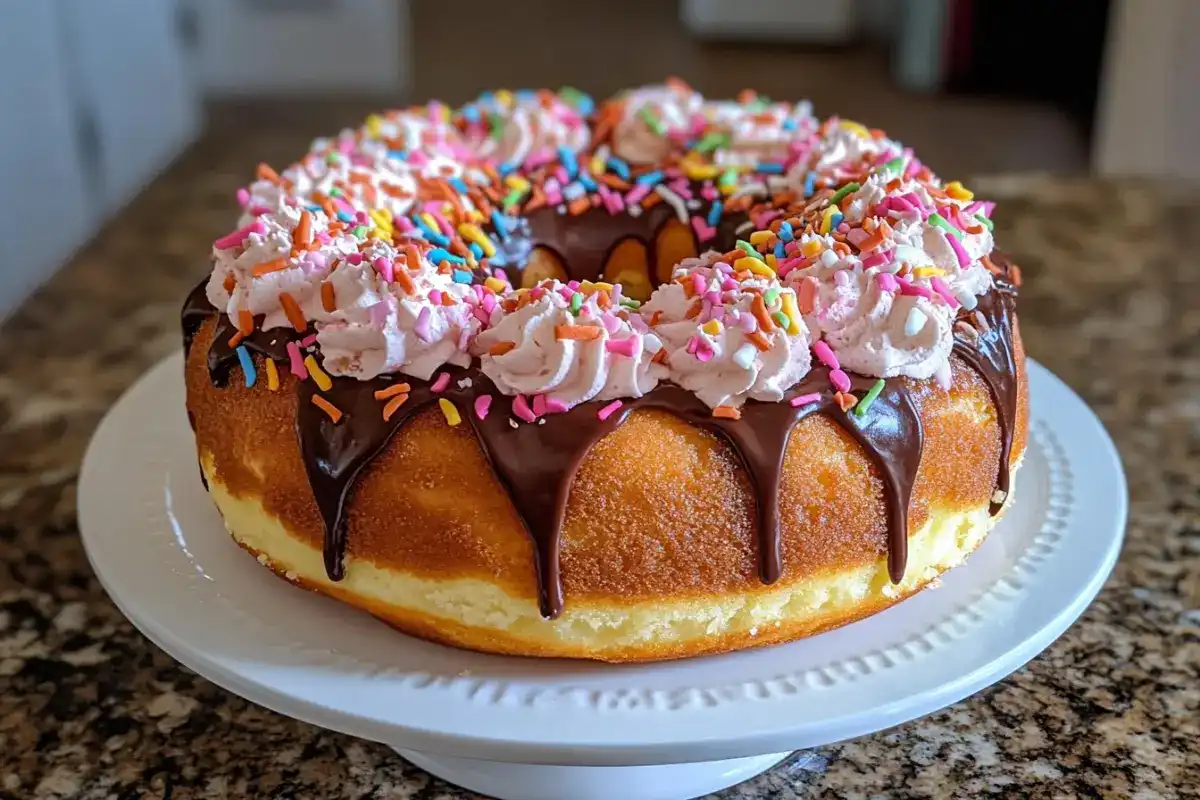 A close-up view of layered donuts turned into a cake.