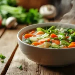 A close-up of Vietnamese vegetarian soup in a ceramic bowl with fresh herbs and lime slices.