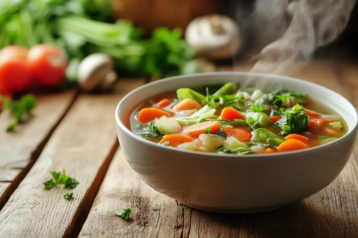 A close-up of Vietnamese vegetarian soup in a ceramic bowl with fresh herbs and lime slices.