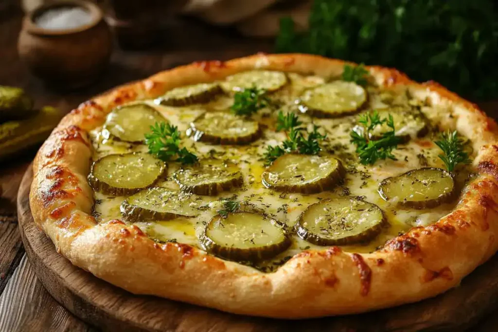 A close-up of a slice of pickle pizza with melted cheese and dill pickles.