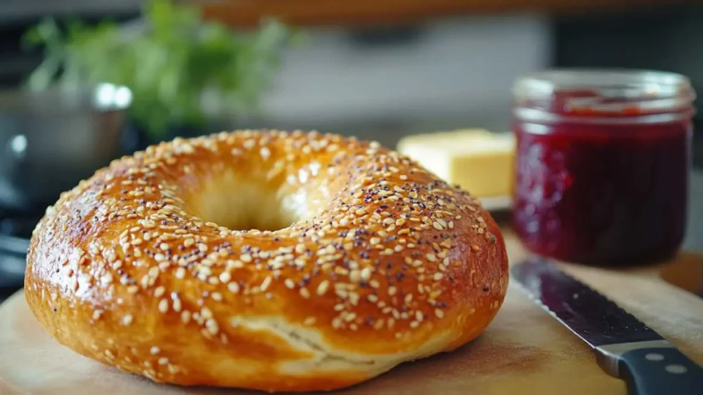 Close-up of a golden, freshly baked sourdough bagel with a crispy crust