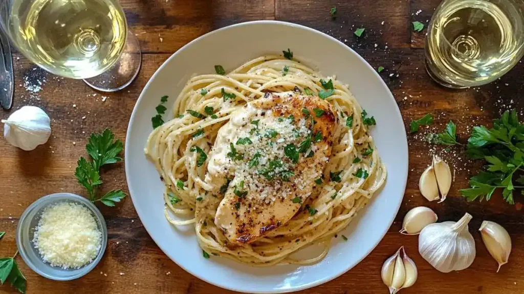 Chicken being cooked in a skillet with garlic and butter