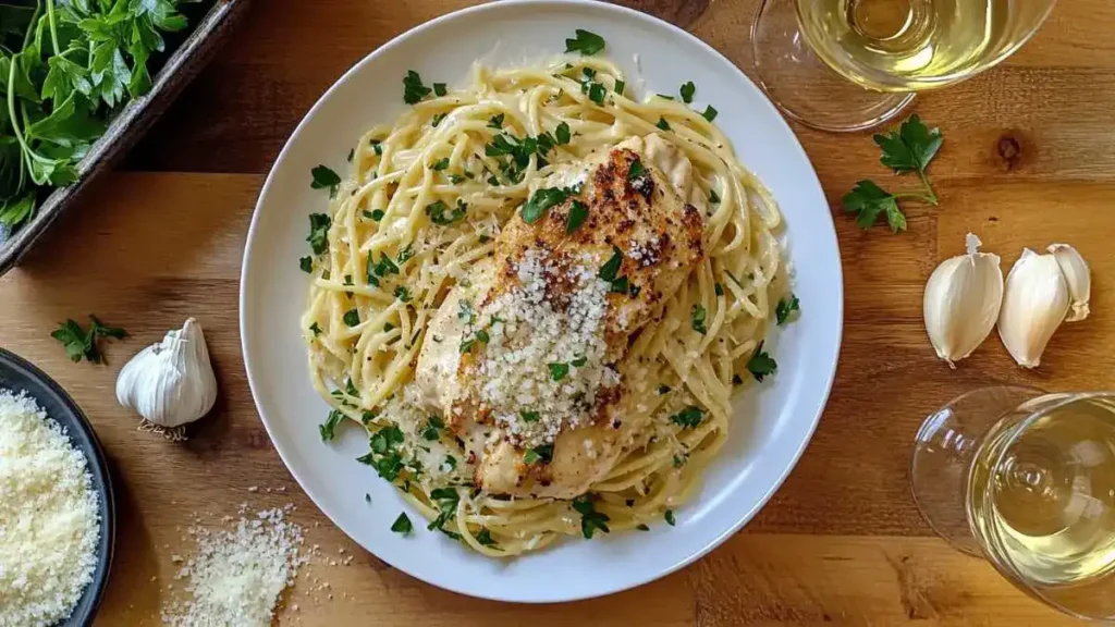 Garlic parmesan chicken pasta served with garlic bread