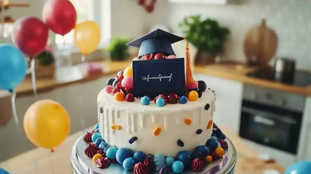 A personalized graduation cake with the graduate’s name and school colors