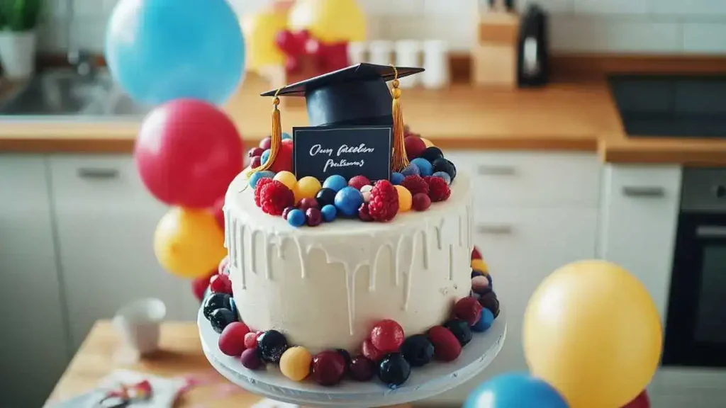 Guests cutting a cake at a graduation party