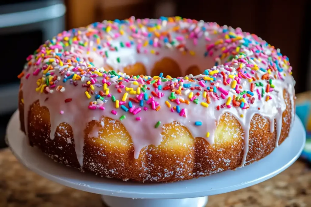 Stacked donut cake with colorful sprinkles and frosting