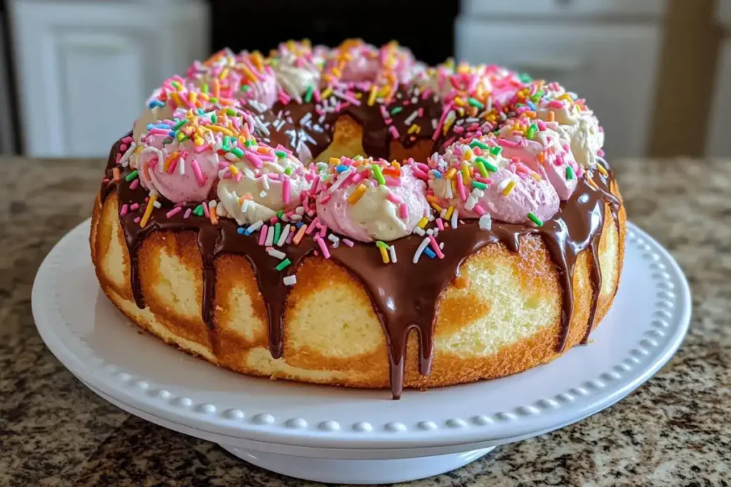 A colorful donut cake on a wooden table with bright decorations.