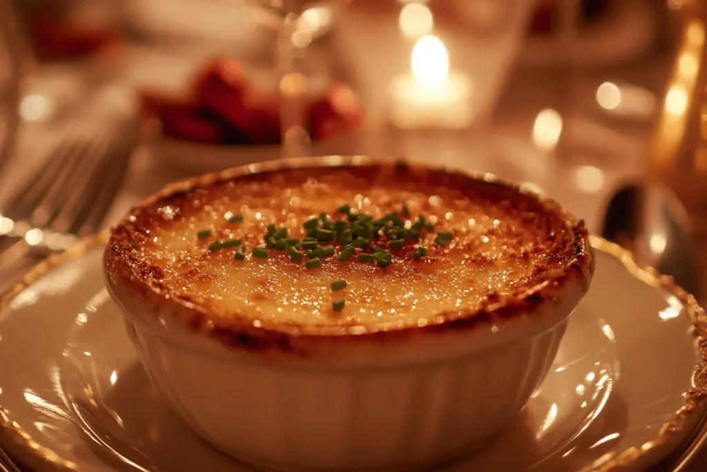 Close-up of a crab brulee in a ramekin with caramelized sugar crust and fresh herb garnish, served in a fine dining setting.