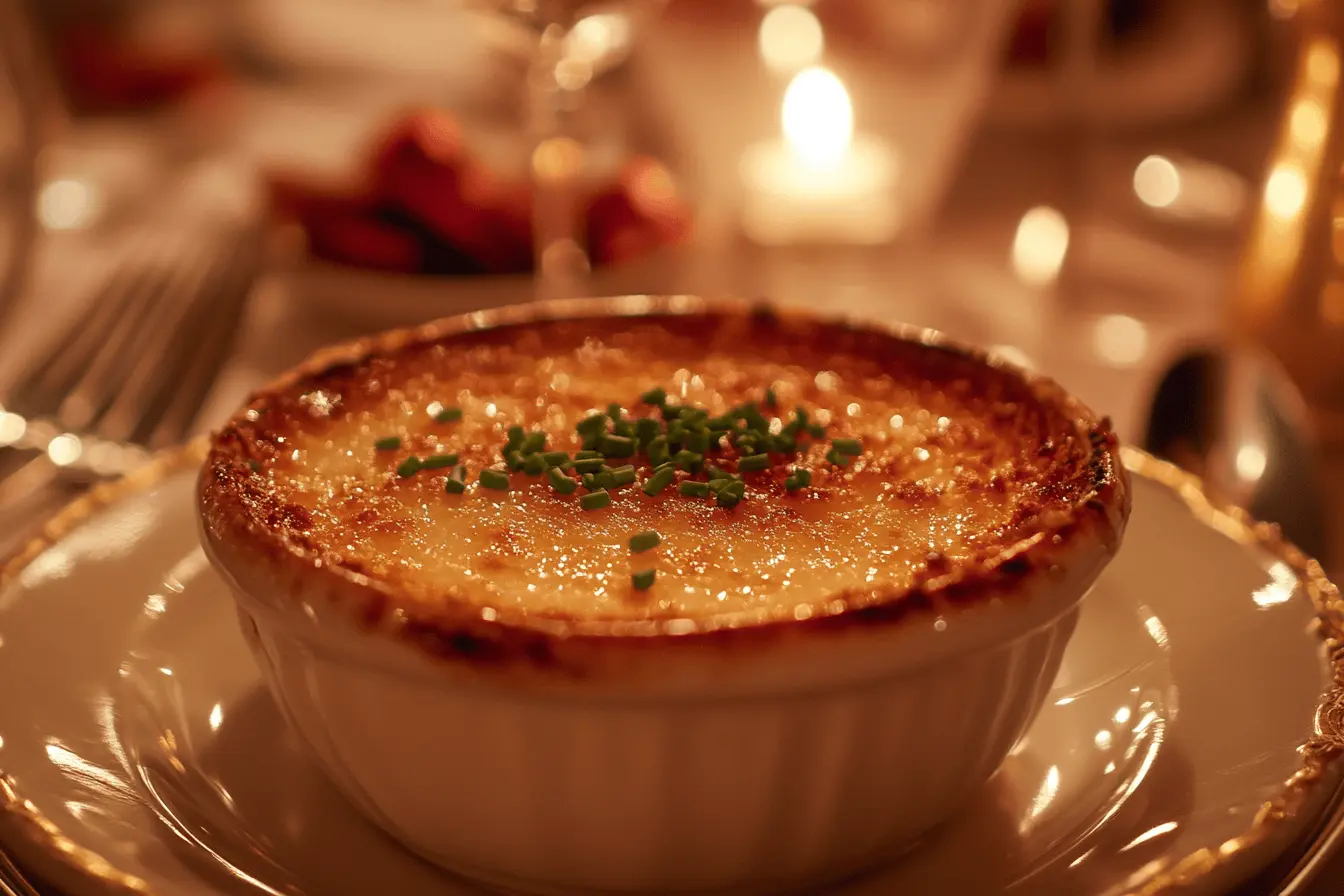 Close-up of a crab brulee in a ramekin with caramelized sugar crust and fresh herb garnish, served in a fine dining setting.