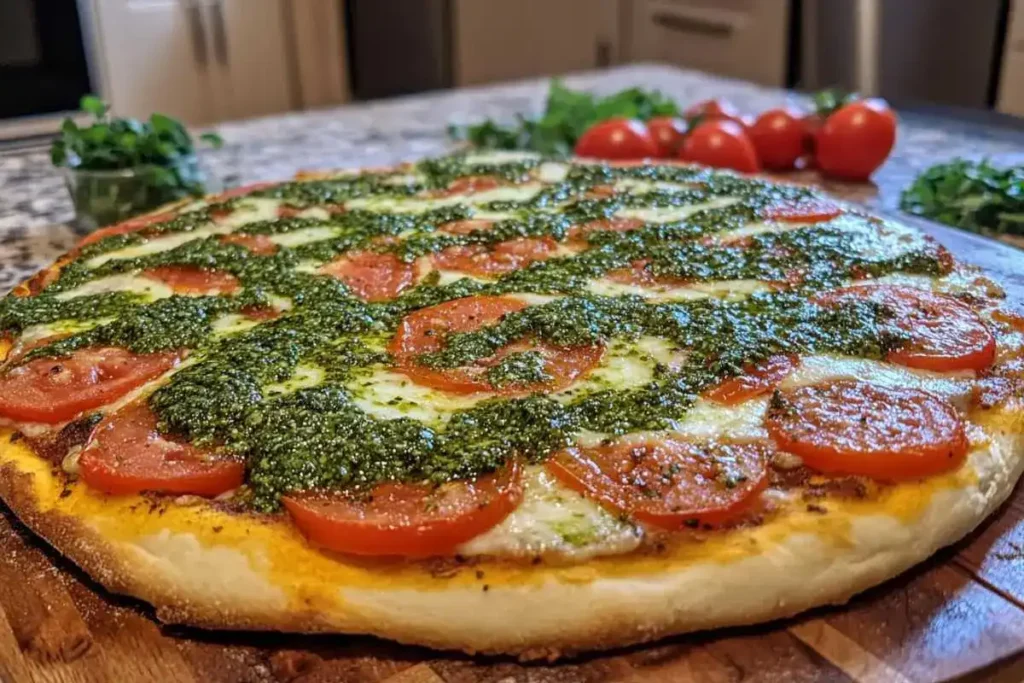 Person holding a slice of chimichurri tomato pizza above a serving plate