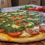 Person holding a slice of chimichurri tomato pizza above a serving plate