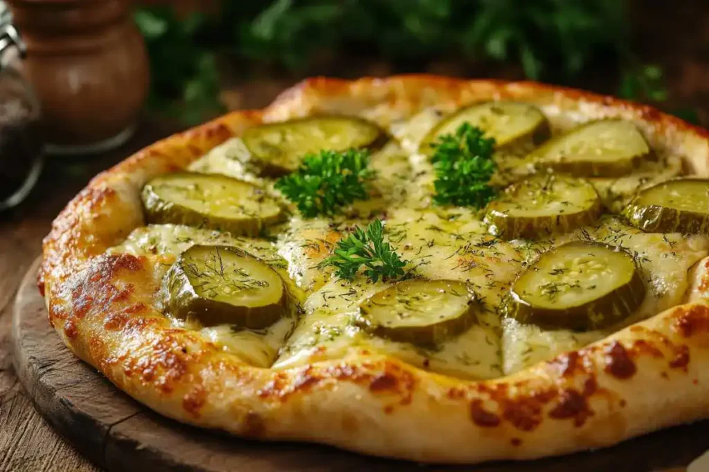 A flat-lay of pickle pizza with parsley and extra dill pickles as garnish.