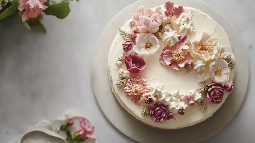 Elegant cake with intricate edible flowers and pastel colors