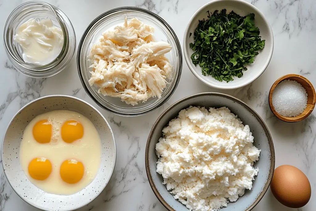 Fresh ingredients for a crab brulee recipe, including crab meat, eggs, cream, Parmesan, and herbs on a wooden counter.