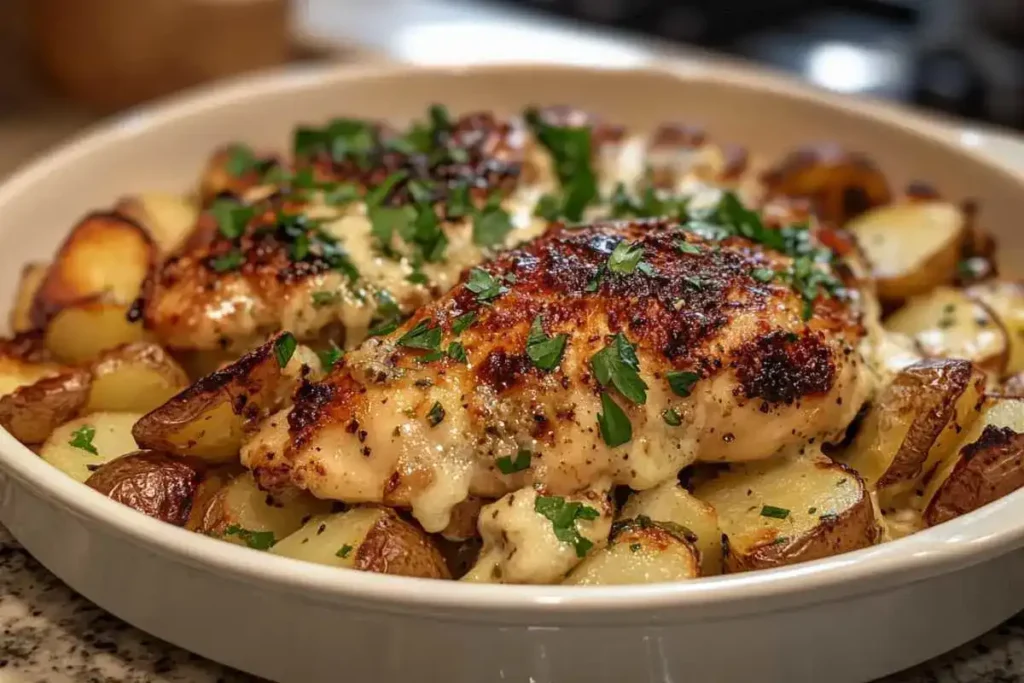 A fork cutting into juicy Garlic Parmesan chicken on a plate with potatoes.