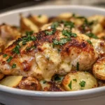 A family dinner table with a Garlic Parmesan chicken and potatoes dish in the center.