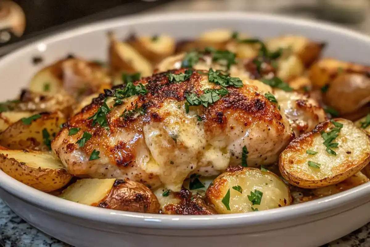 A family dinner table with a Garlic Parmesan chicken and potatoes dish in the center.