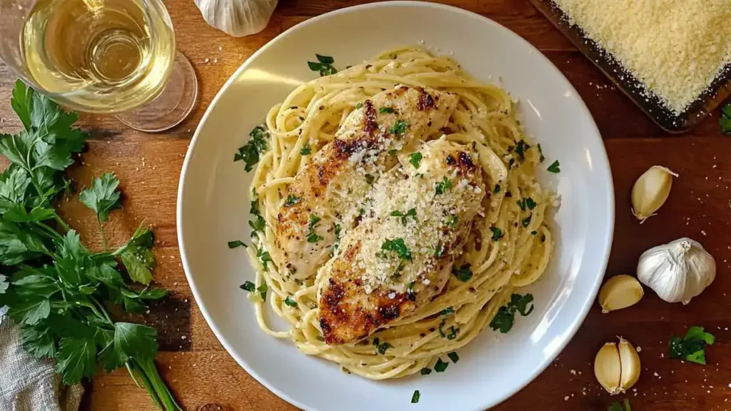 Creamy garlic parmesan chicken pasta topped with fresh parsley