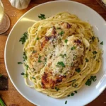 Creamy garlic parmesan chicken pasta topped with fresh parsley