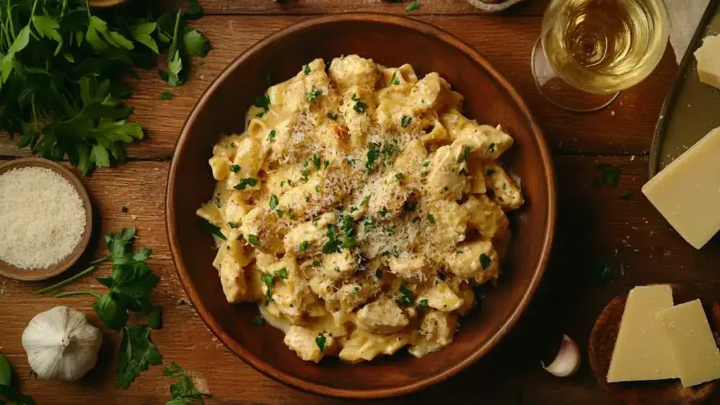 Garlic parmesan chicken pasta served with a side of fresh salad