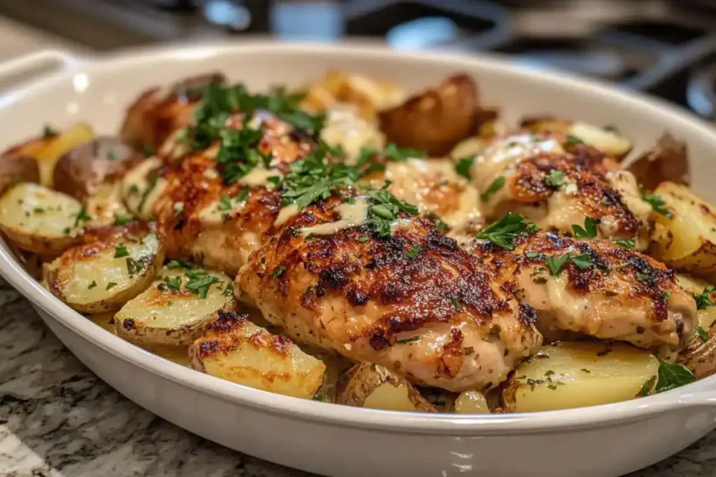 A one-pan dish of Garlic Parmesan chicken and potatoes fresh out of the oven.