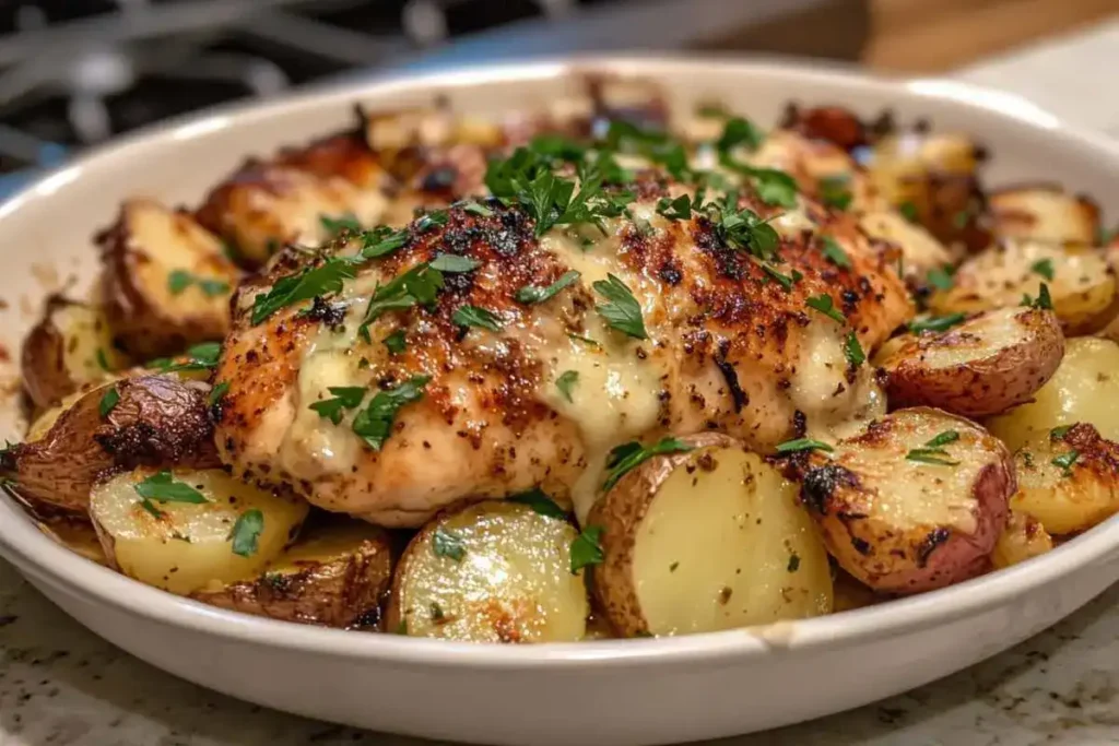 Crispy Garlic Parmesan chicken thighs with roasted potatoes on a white plate.