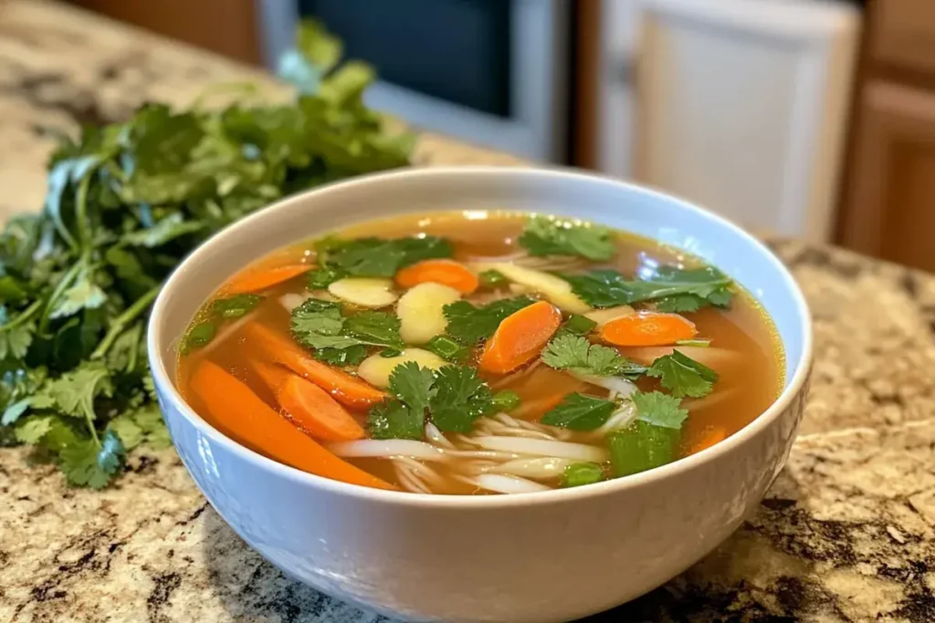 Vegetarian Pho garnished with lime and herbs