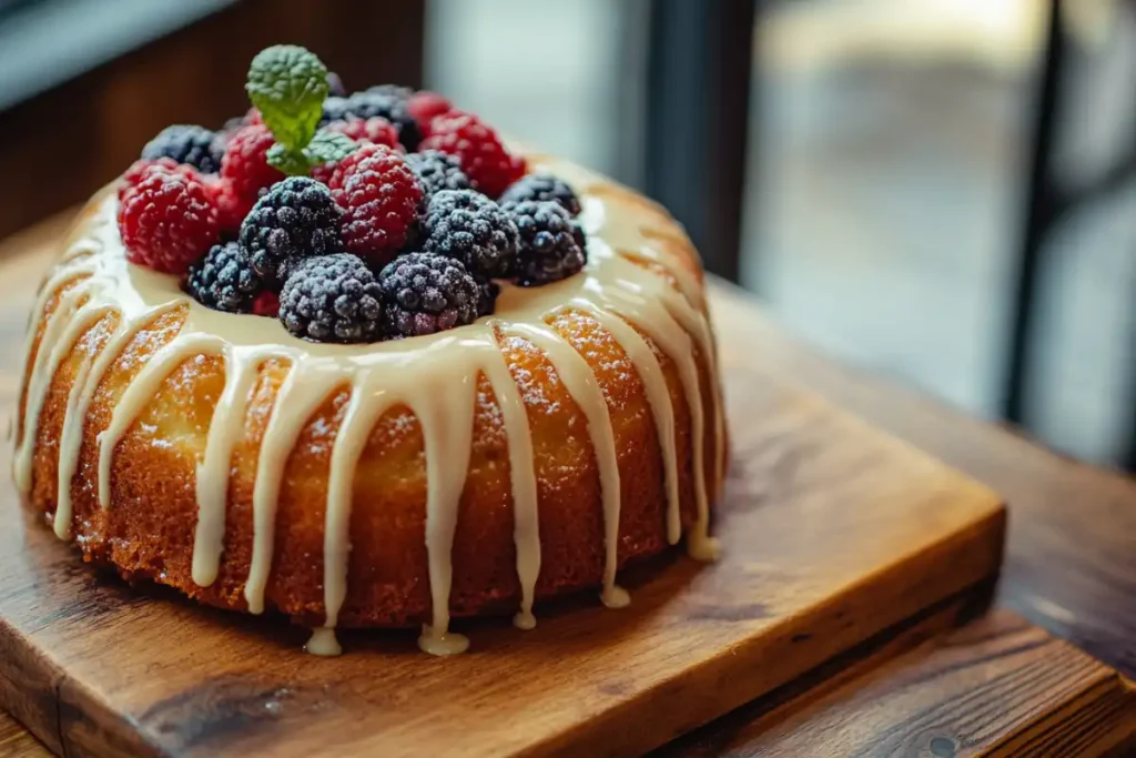 Close-up of a glazed donut-shaped cake with icing drizzle and berries