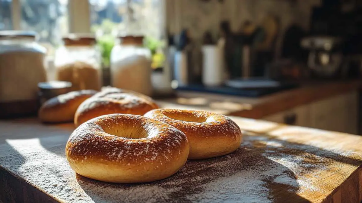 Golden-brown sourdough bagels topped with mixed seeds on a wooden table.