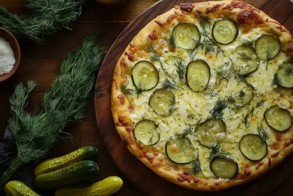  A hand holding a slice of pickle pie pizza with gooey cheese stretching.