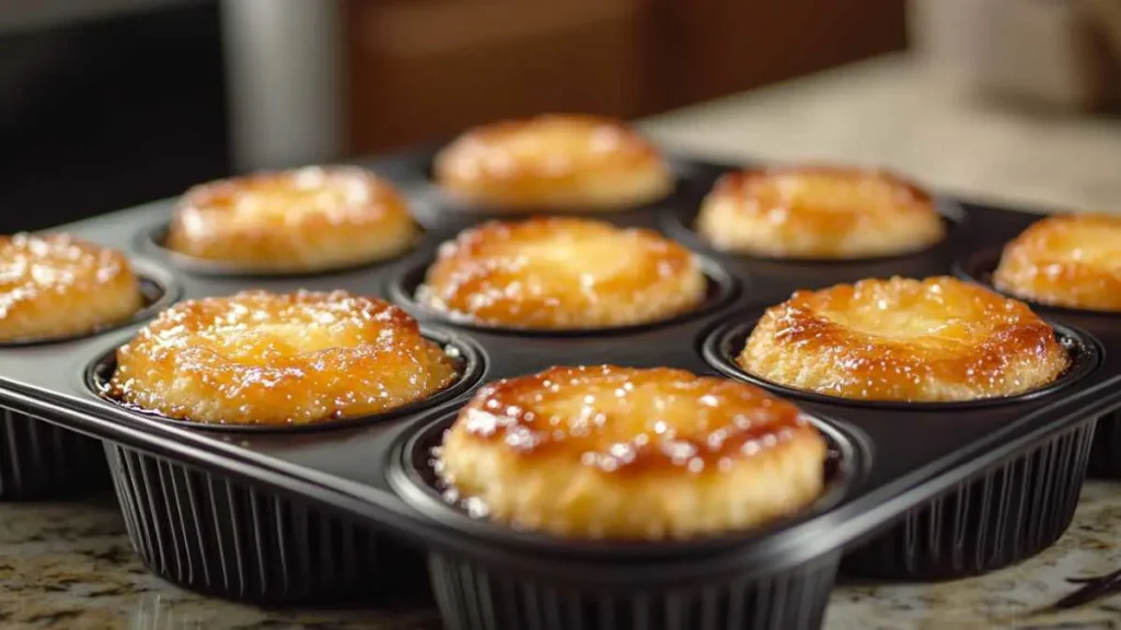 Close-up of gourmet crème brûlée muffins in baking tins, golden caramelized tops, perfect for dessert or breakfast.