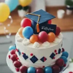 A graduation cake with a black cap and diploma decoration