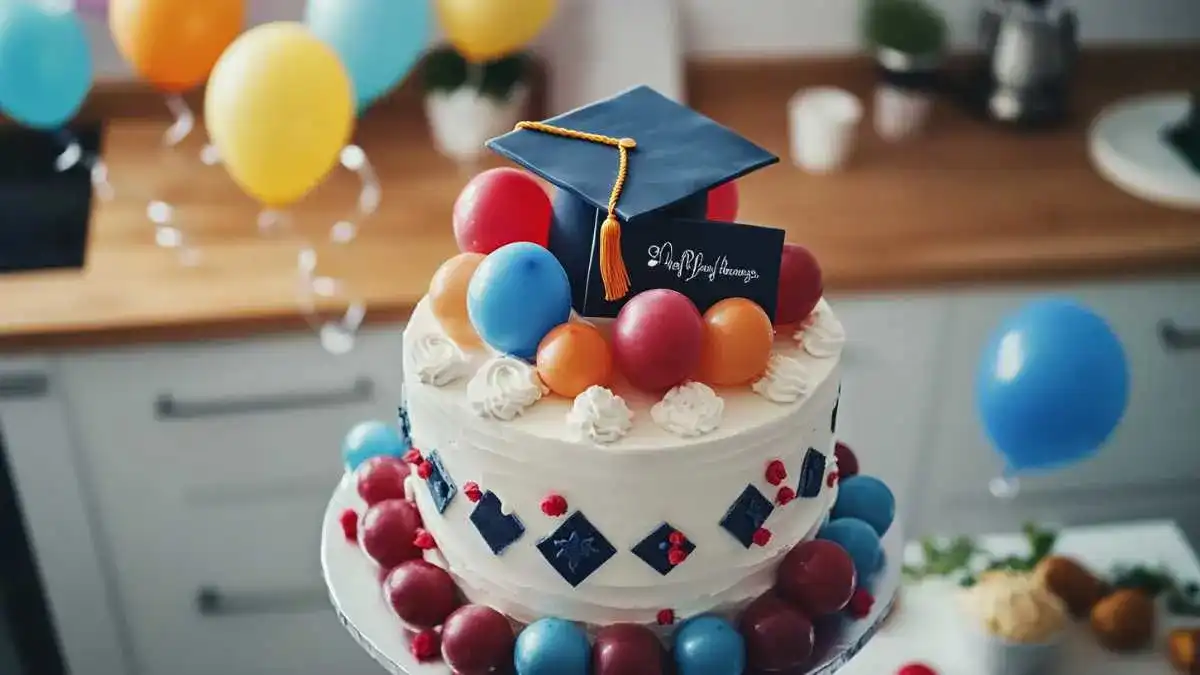 A graduation cake with a black cap and diploma decoration