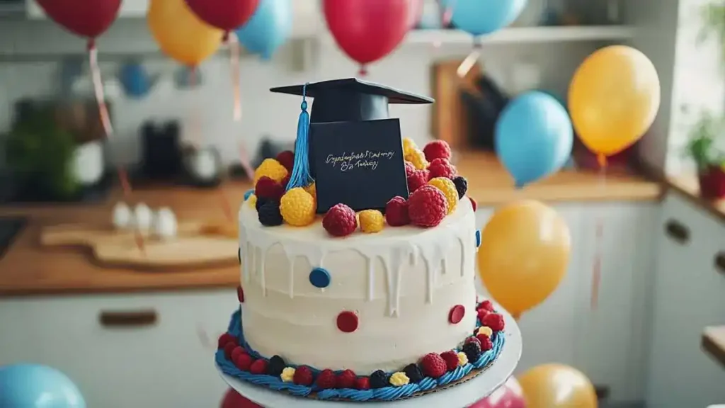 A dessert table featuring a graduation cake and cupcakes