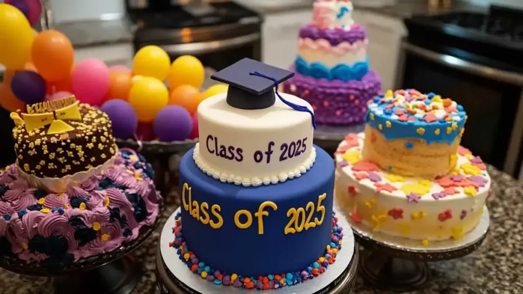  A graduation-themed cupcake tower featuring miniature caps and diplomas