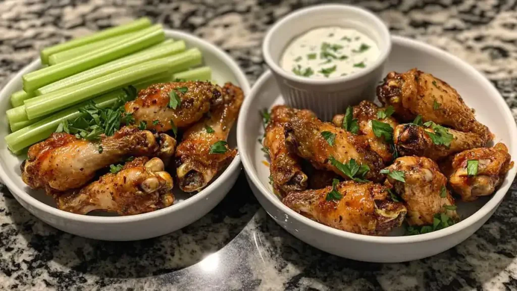 Fresh ingredients for Garlic Parmesan Chicken Wings, including chicken wings, garlic, parmesan cheese, and seasonings