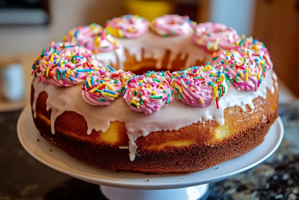 A large donut cake made with dozens of donuts stacked high