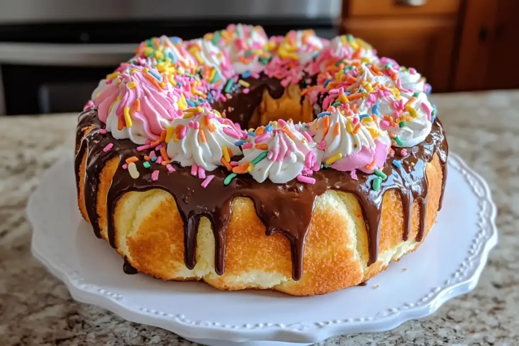 Mini donuts arranged in a circular cake shape with glaze drizzles